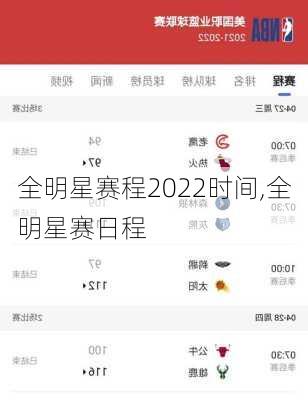 全明星赛程2022时间,全明星赛日程